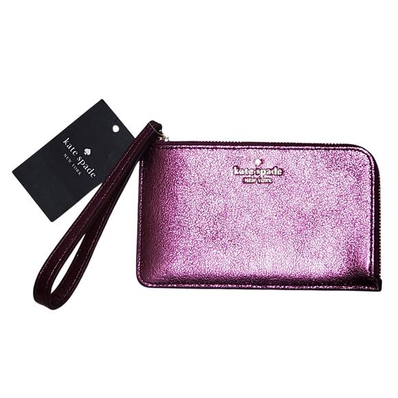 Kate Spade Lucy Small L-Zip Wristlet Dark Raspberry Metallic Leather NWT - Picture 1 of 5